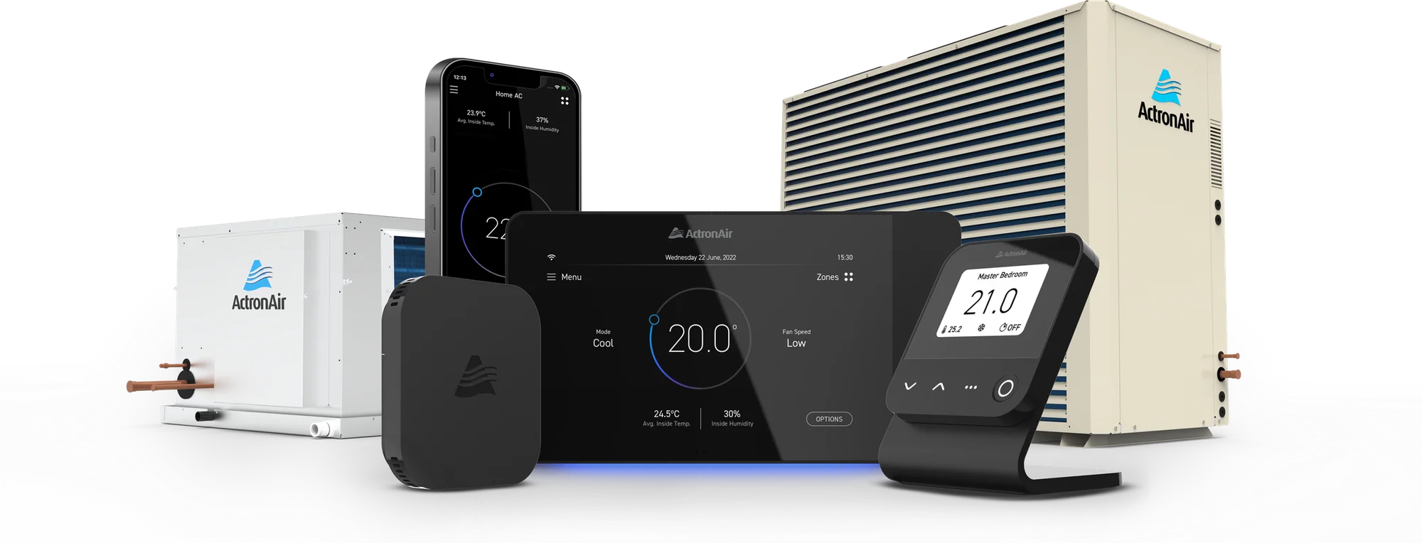 ActronAir Advance outdoor unit, indoor fan coil and the NEO controller family shown together