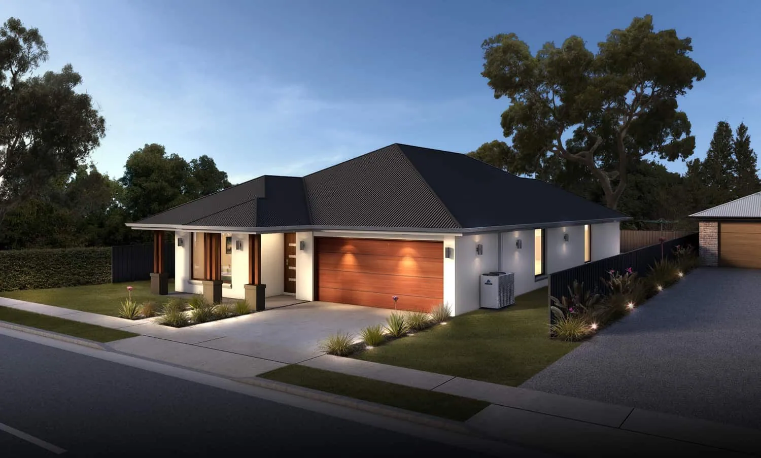 Illustration of a modern two-storey home with an ActronAir Advance outdoor unit beside the garage