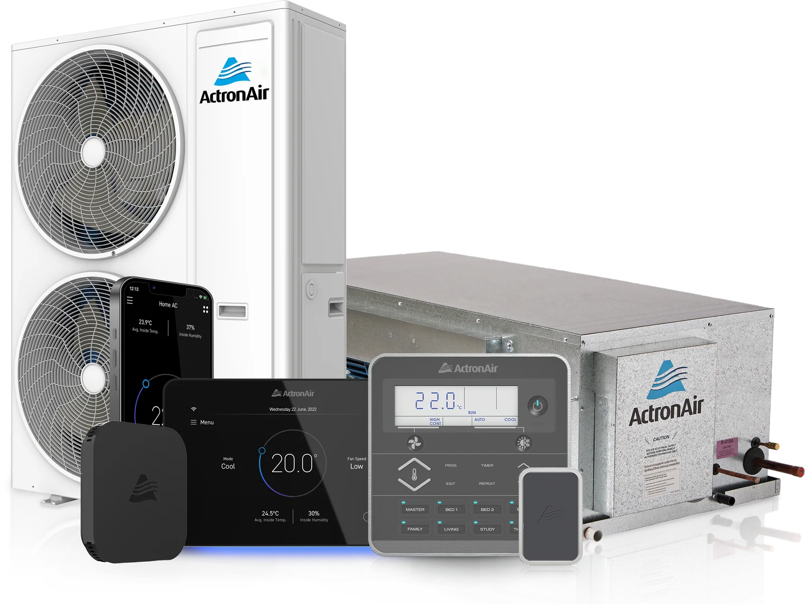 ActronAir AIRES ducted system with its outdoor unit, indoor unit and controller options
