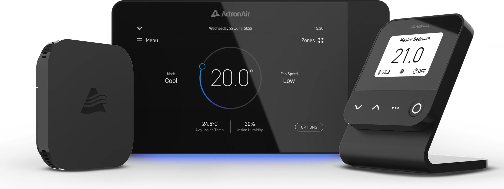 The ActronAir NEO control family in black: master controller, zone controller, zone sensor, comfort stand and the NEO Connect app