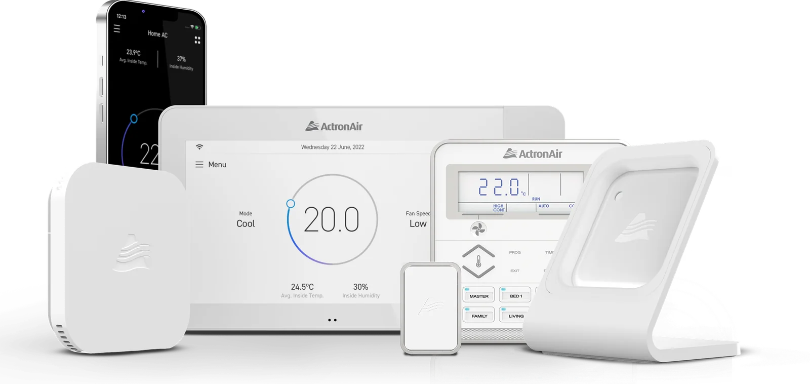 The ActronAir NEO control family in white with the zone sensor and the L Series controller