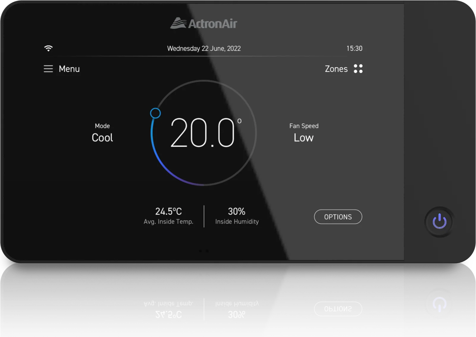 ActronAir NEO master controller in black showing cool mode at 20 degrees