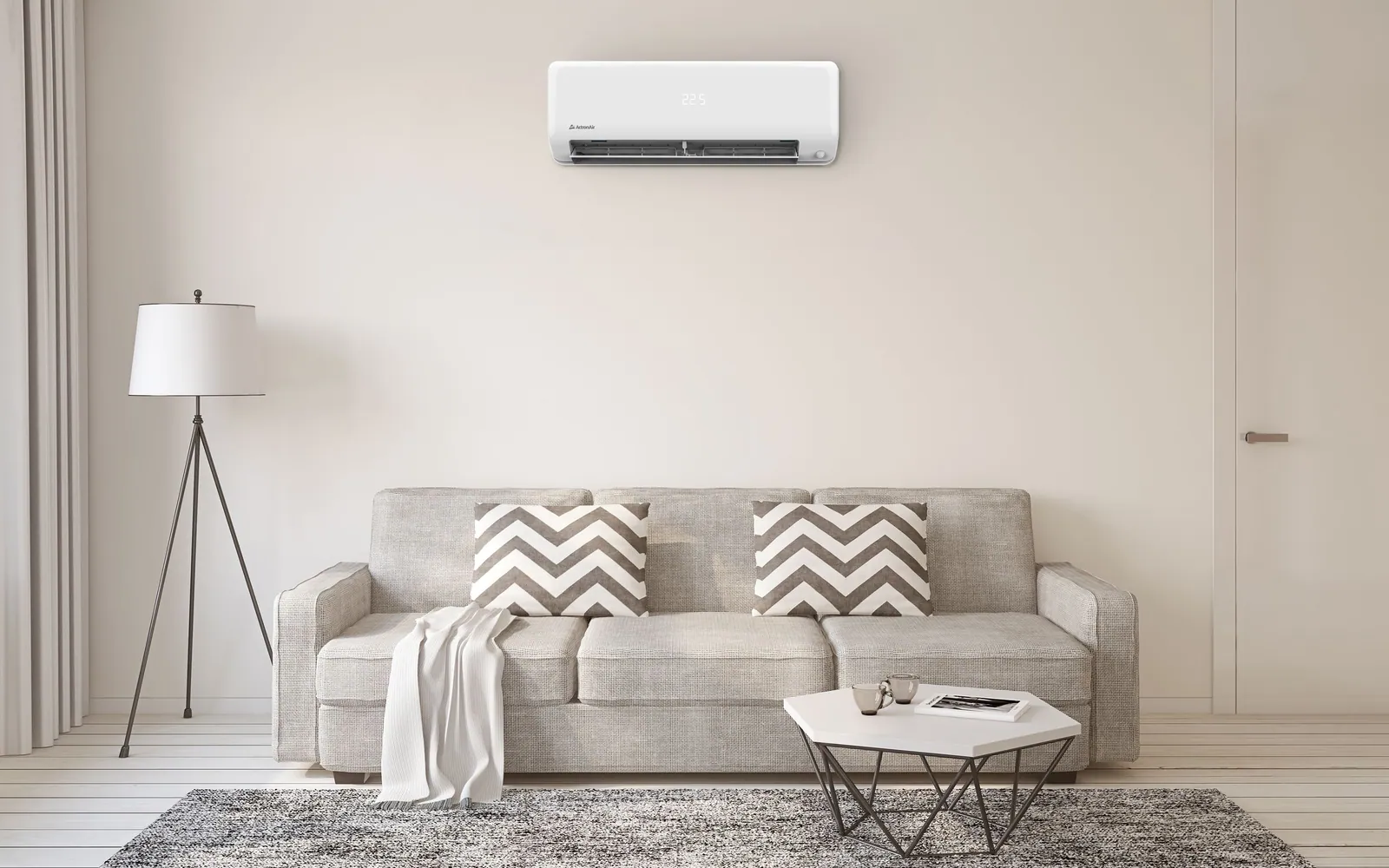 Illustration of a lounge room with an ActronAir Serene wall-mounted split system above the sofa
