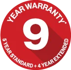 Brivis 9 year warranty badge: 5 year standard plus 4 year extended, conditions apply