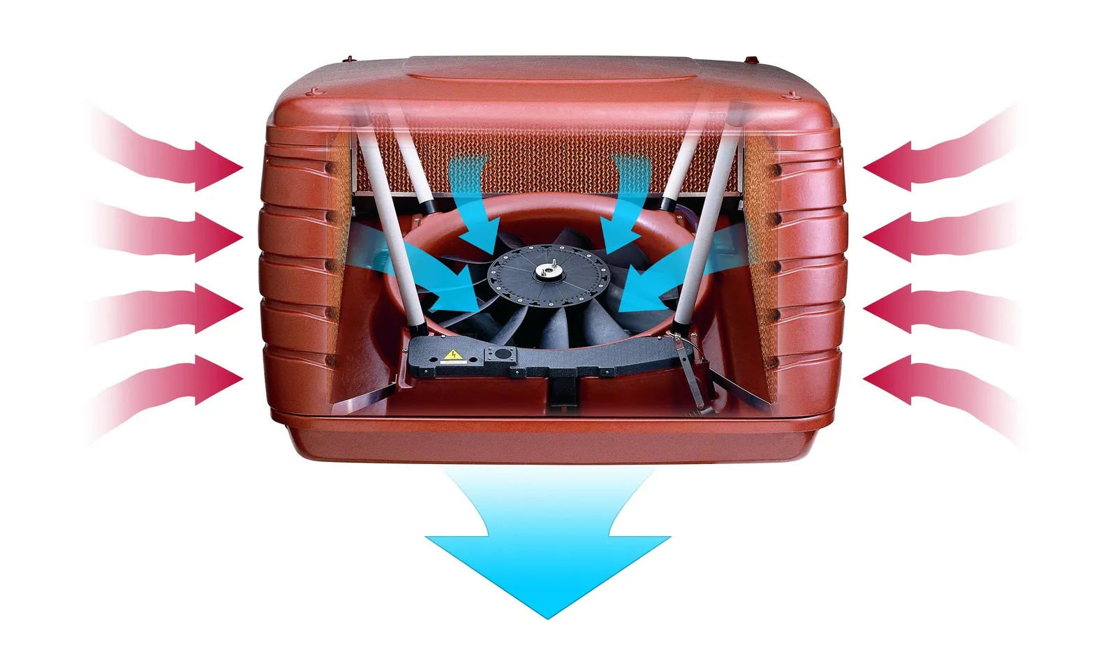 Diagram of a Brivis evaporative cooler drawing warm outside air through wet pads and pushing cooled air down into the home