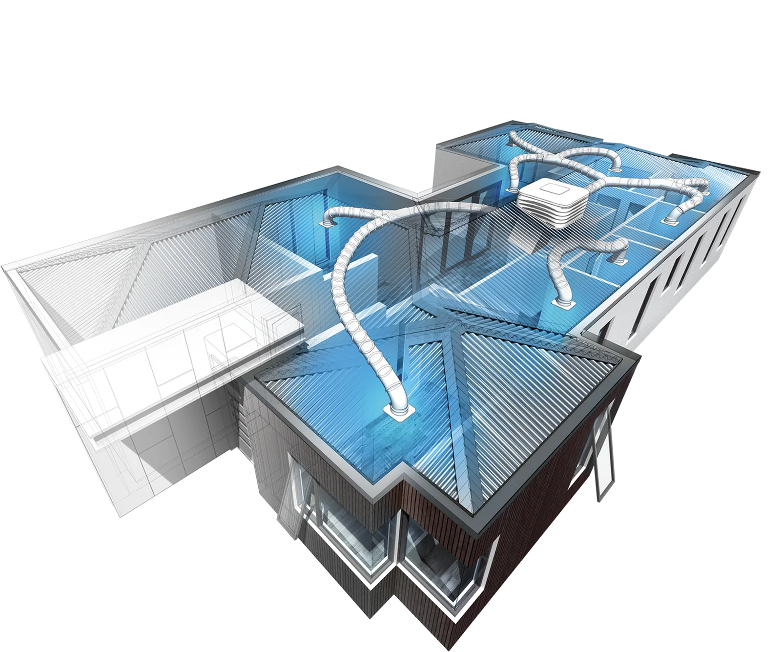 Cutaway illustration of a home showing an evaporative cooler on the roof and cool air delivered through ceiling ducts to every room
