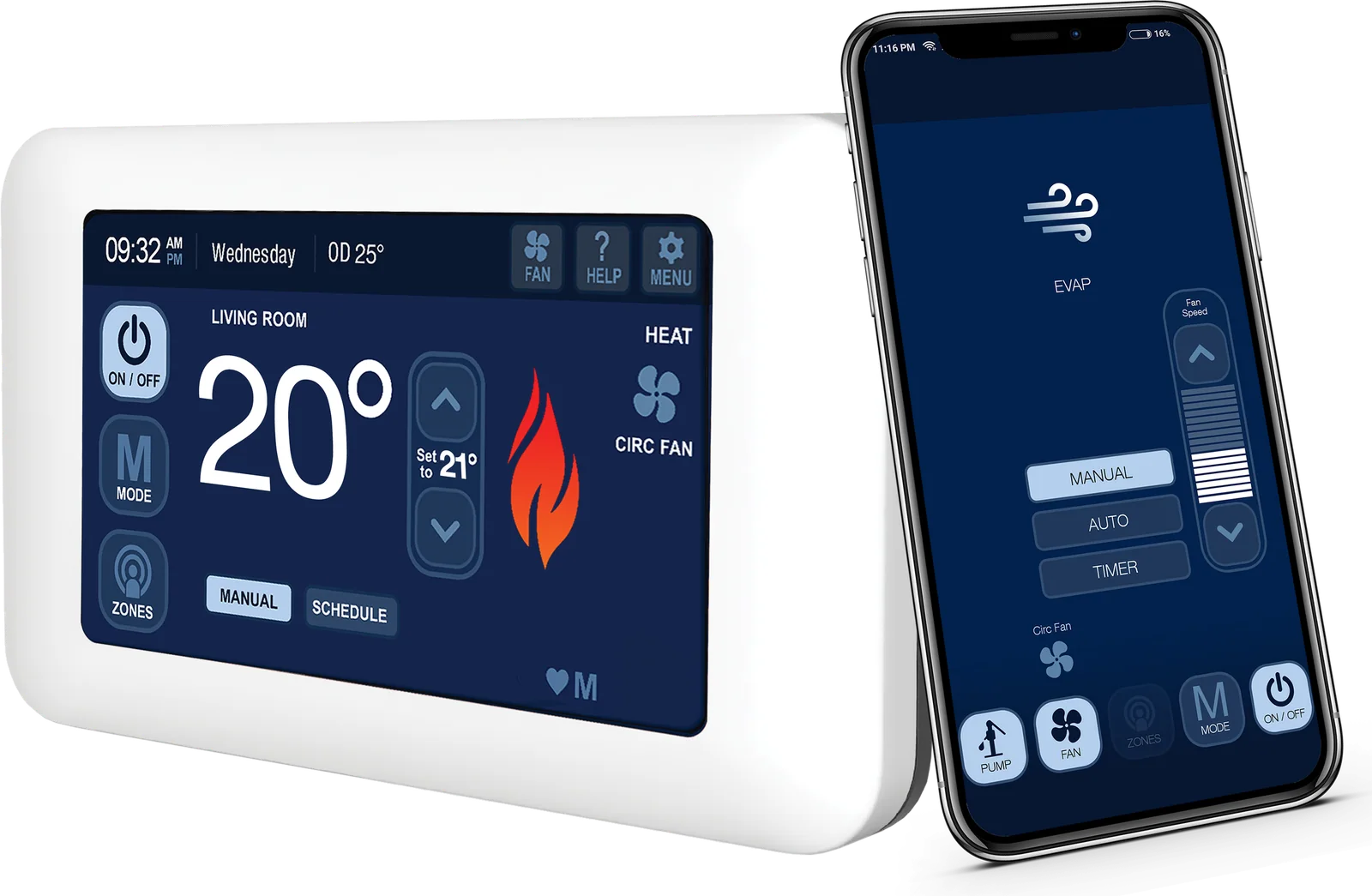 Brivis Touch wall controller beside a phone running the Brivis app, showing heating and evaporative cooling controls