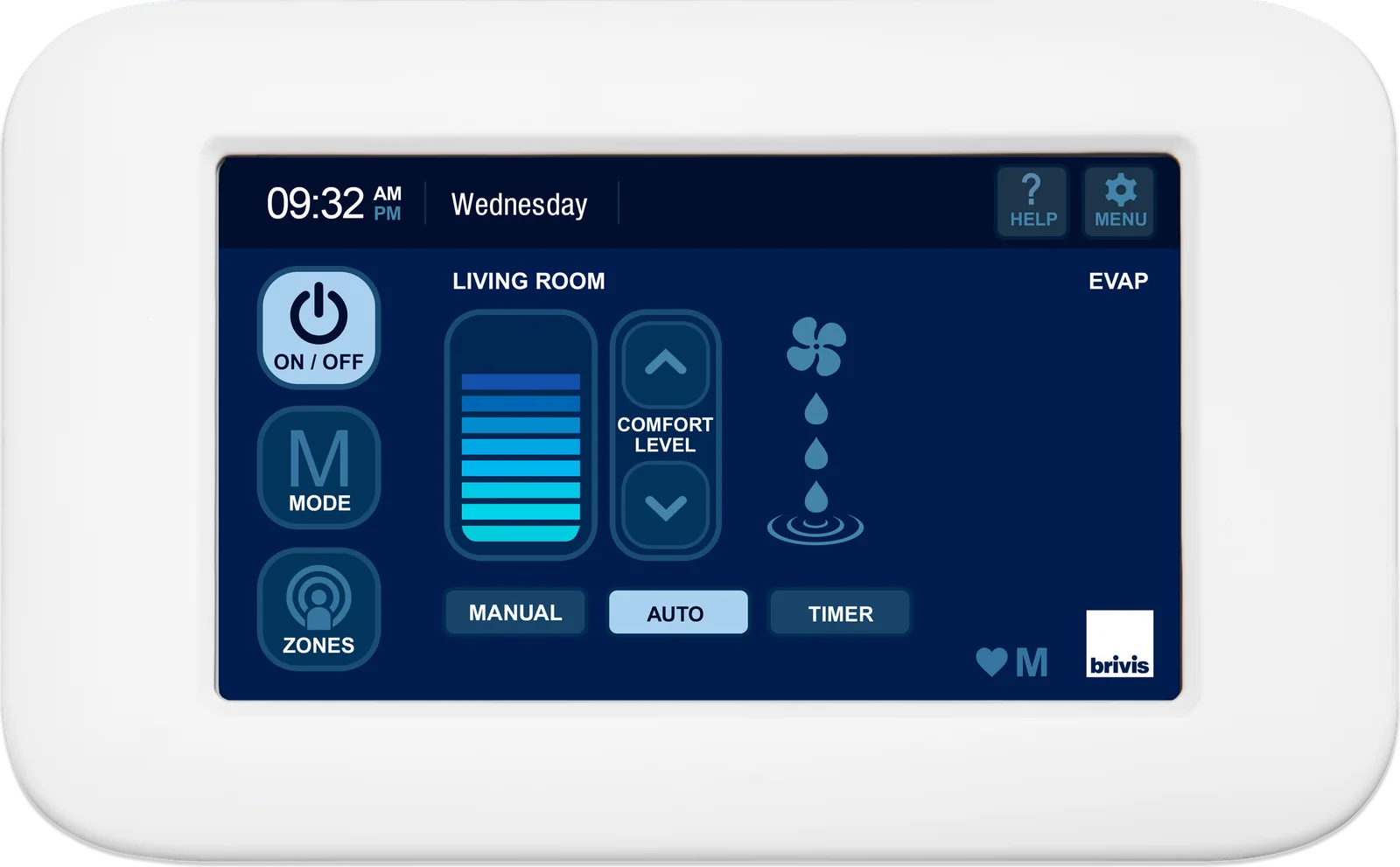 Brivis Touch wall controller showing evaporative cooling mode with comfort level and zone options