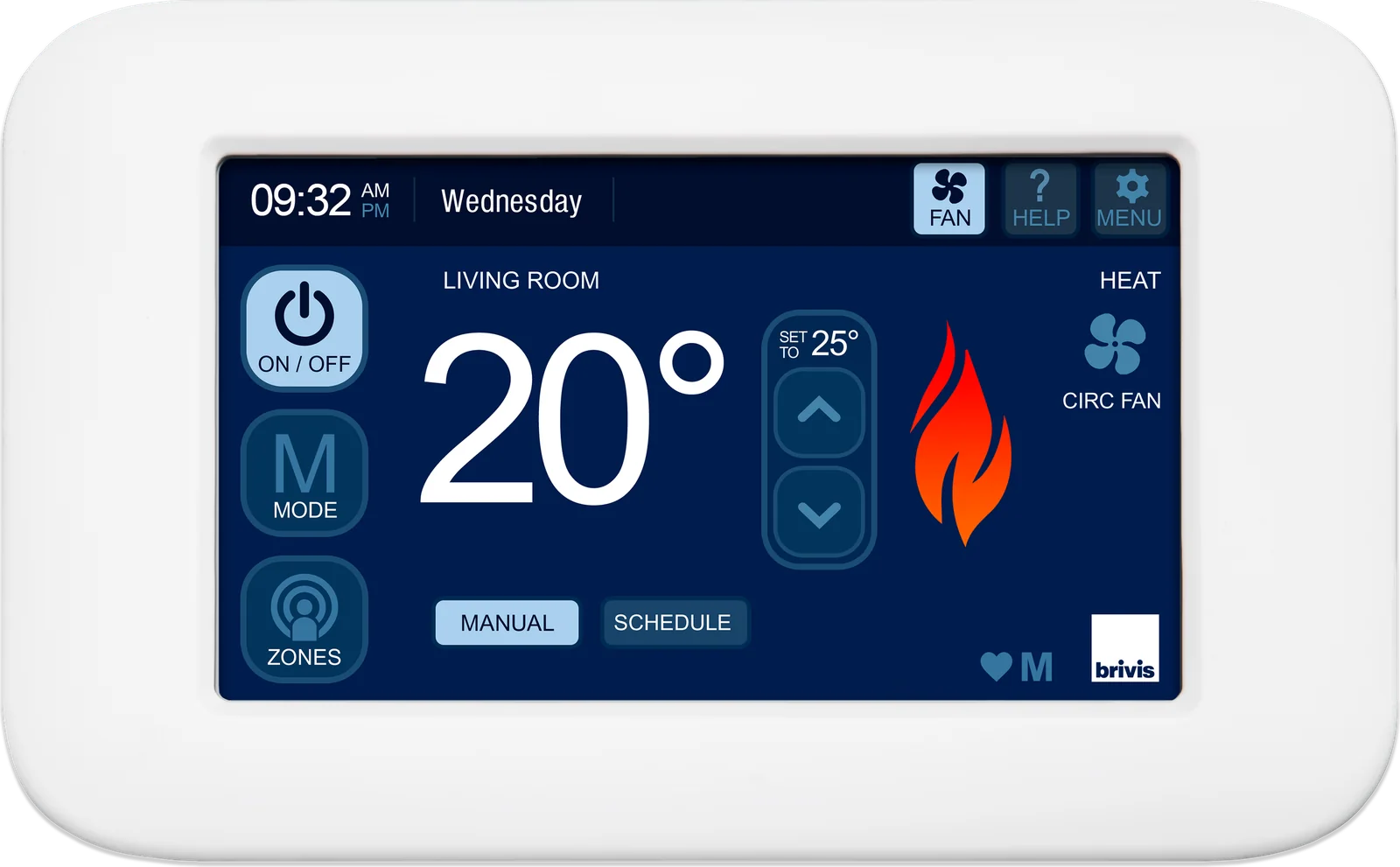 Brivis Touch wall controller showing gas ducted heating mode set to 20 degrees