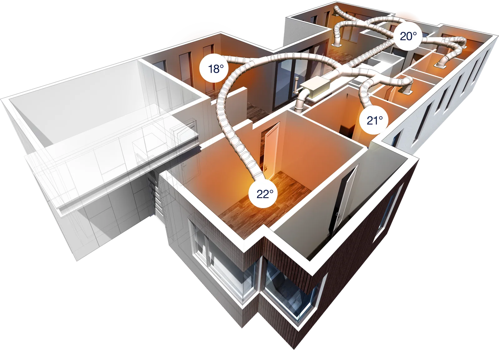 Cutaway illustration of a home with gas ducted heating zoned room by room, each zone showing its own temperature