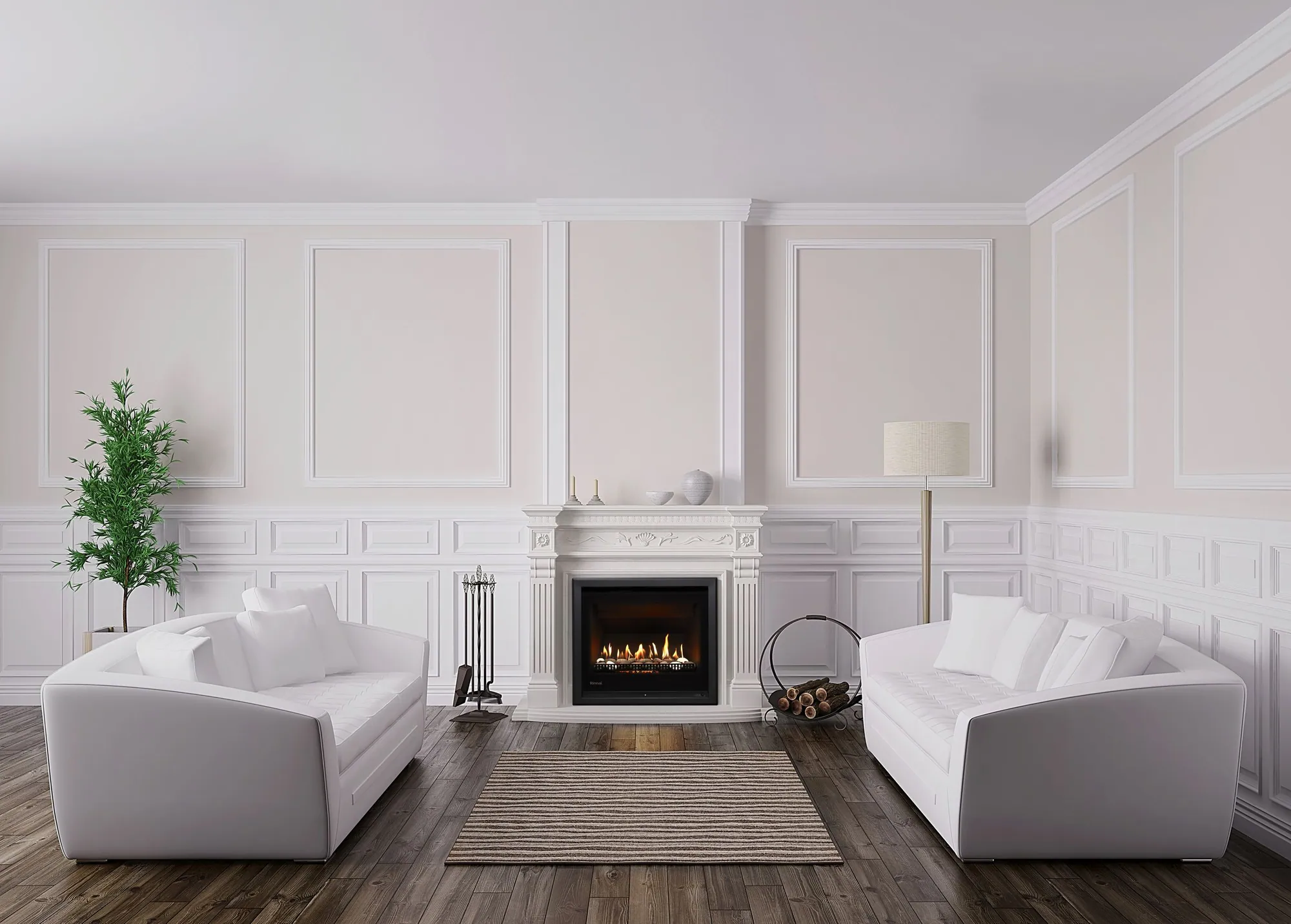 Rinnai 750 gas log fire with a matte black frame set into the wall of a classic white living room, flames glowing over the log set