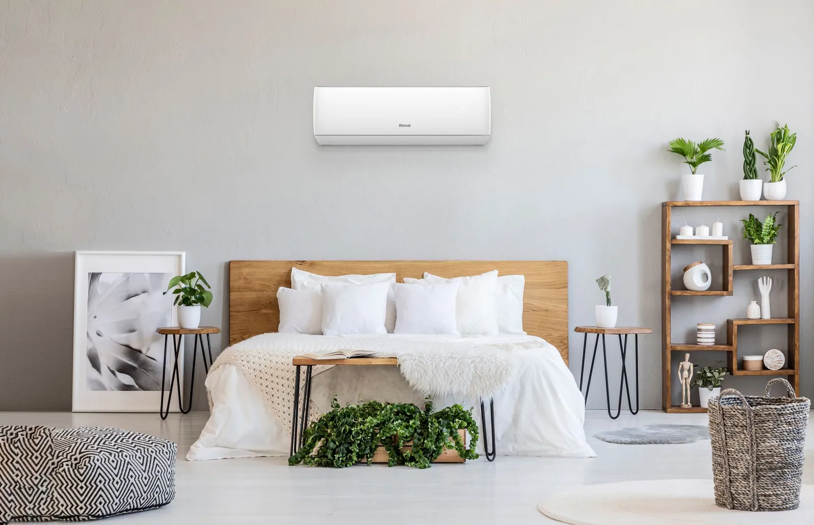 Rinnai wall-mounted split system above the bed in a main bedroom