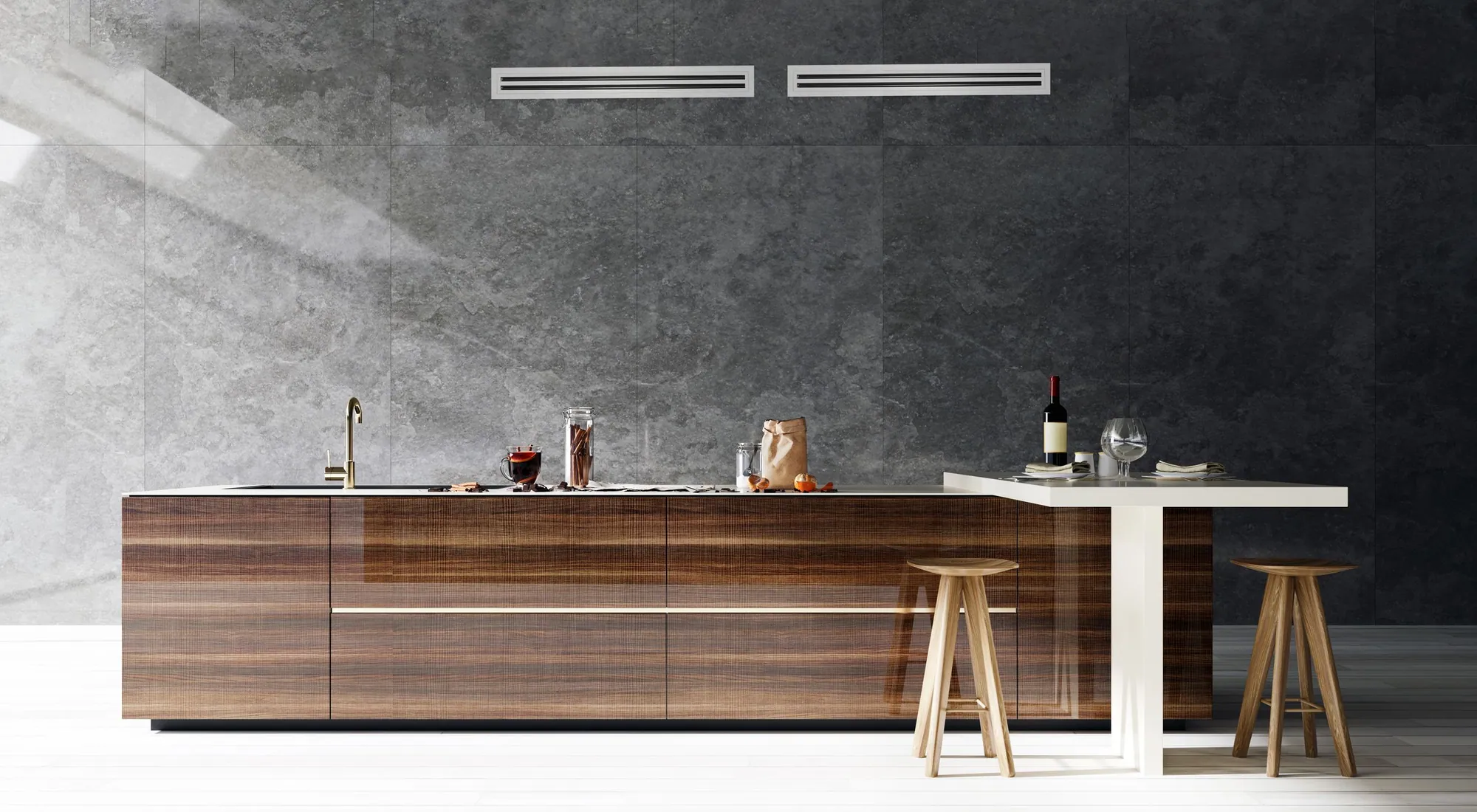 Wide view of a kitchen and dining space served by a Rinnai ducted reverse cycle system with a discreet ceiling outlet