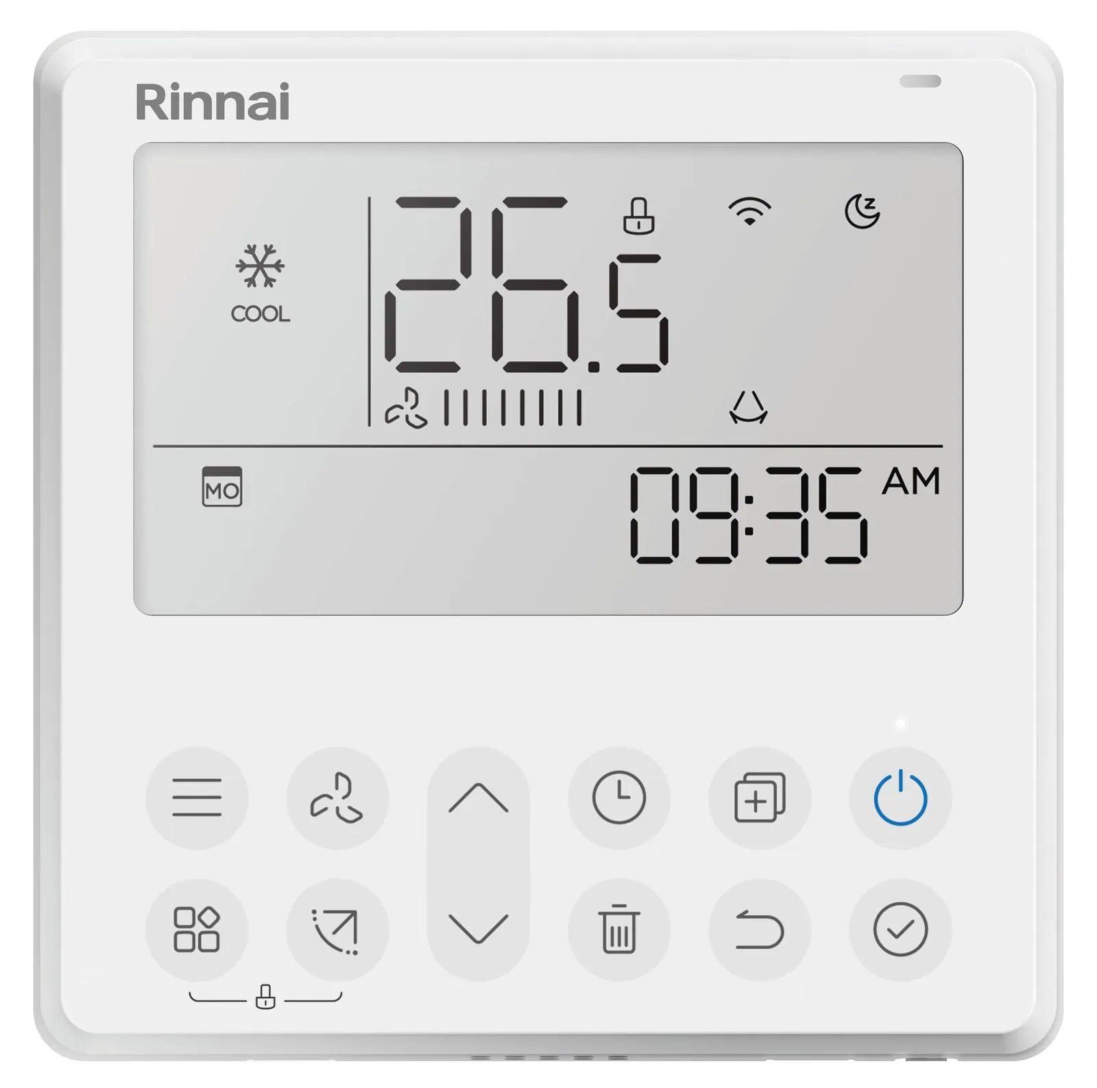 Rinnai ducted reverse cycle wall controller showing cooling mode at 26.5 degrees (system controller; zoning is a separate control)