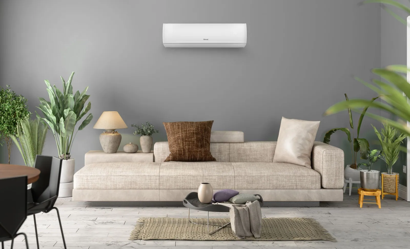 Rinnai wall-mounted split system in a living room with indoor plants and a sofa