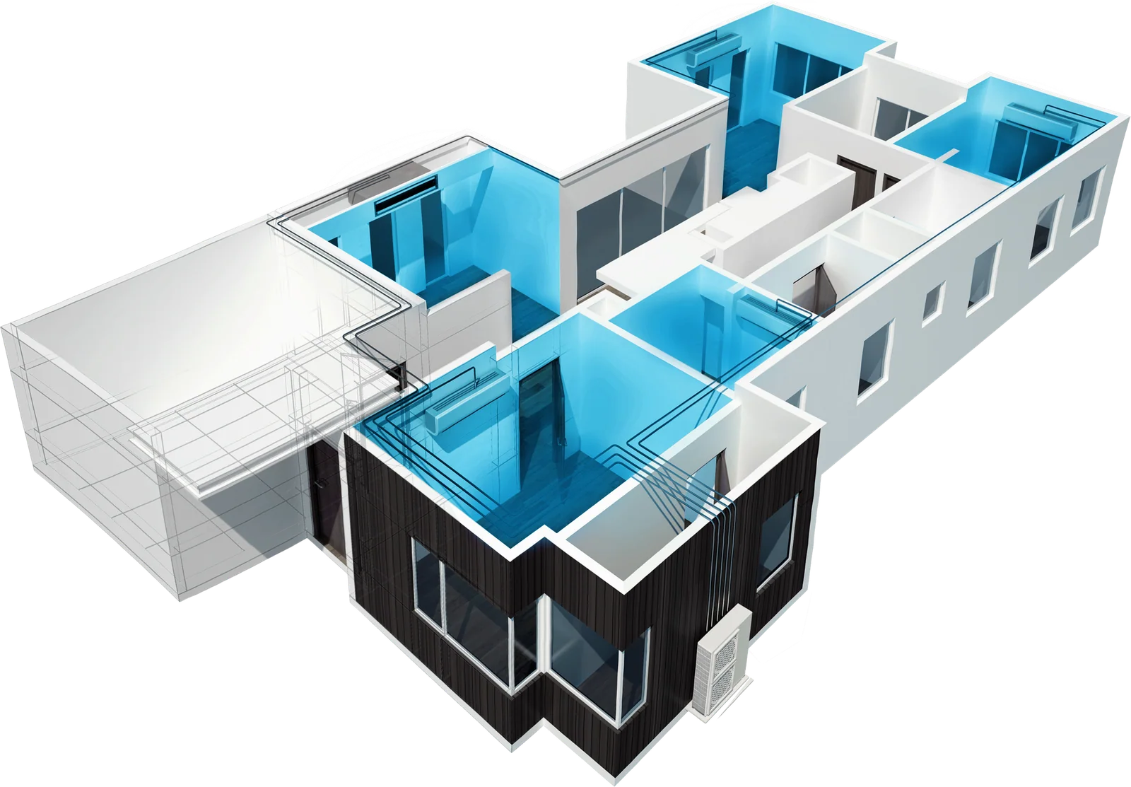 Cutaway illustration of a home with one Rinnai outdoor unit serving several wall-mounted indoor units in different rooms