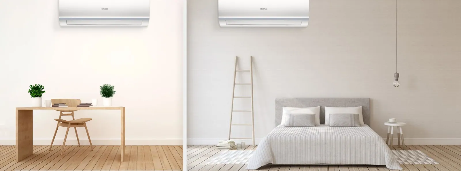 Two Rinnai wall-mounted indoor units in adjoining rooms, both connected to one multi-split outdoor unit