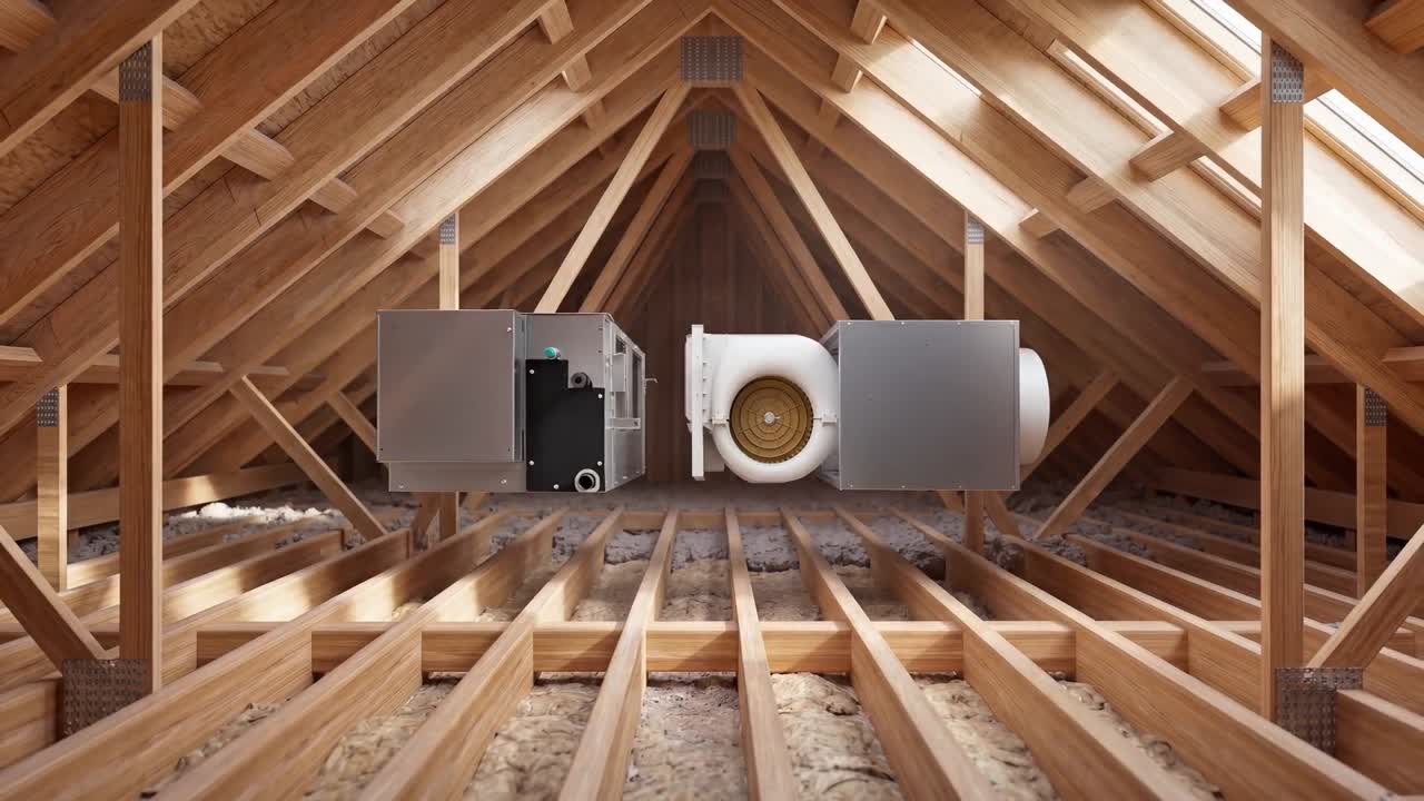 Animation of a Rinnai ducted reverse cycle indoor unit separating into two sections for roof-space access